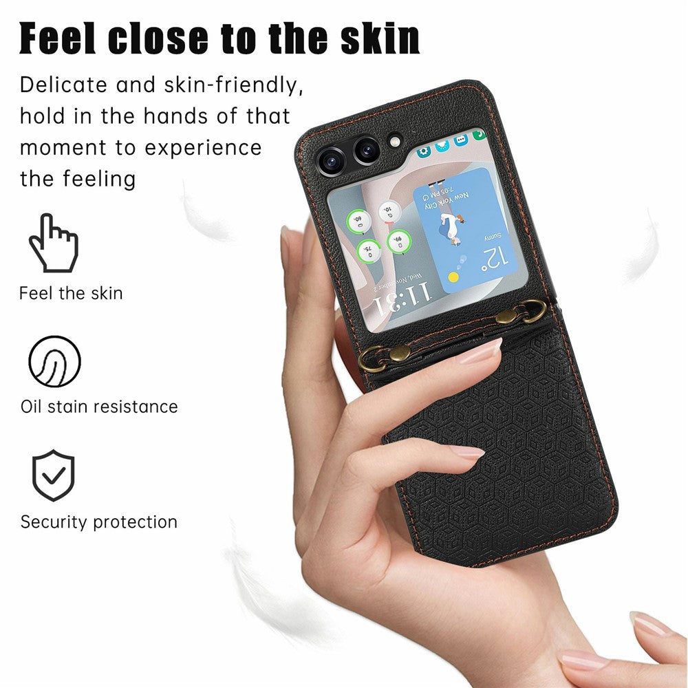 For Samsung Galaxy Z Flip7 5G Case Imprinted Rhombus Leather Phone Cover with Card Slots - Black