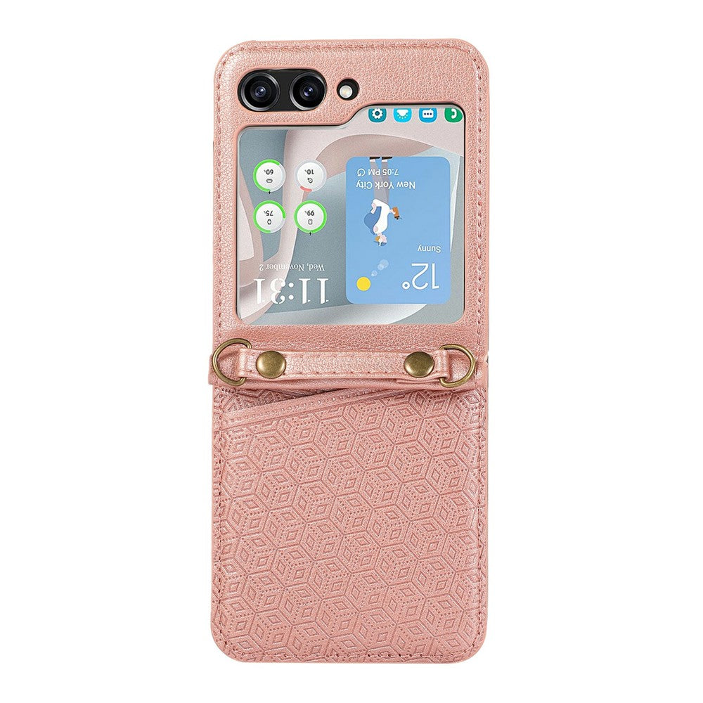 For Samsung Galaxy Z Flip7 5G Case Imprinted Rhombus Leather Phone Cover with Card Slots - Rose Gold