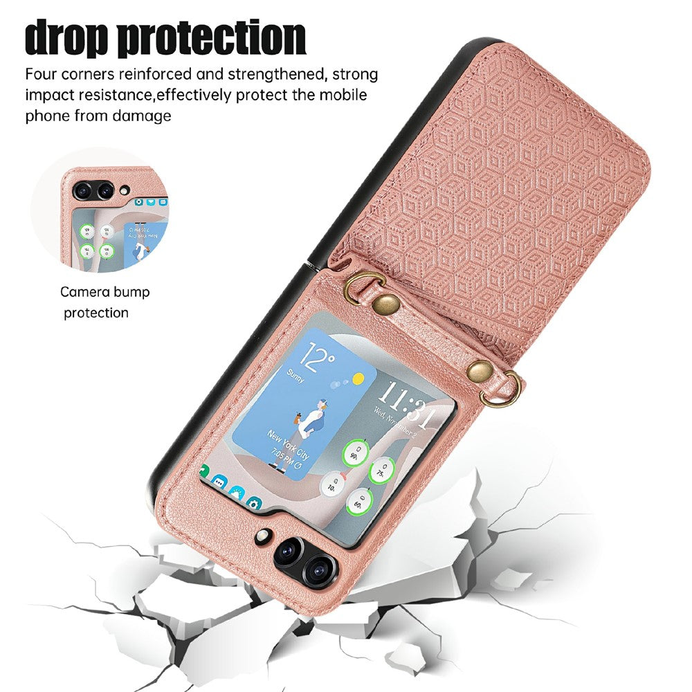 For Samsung Galaxy Z Flip7 5G Case Imprinted Rhombus Leather Phone Cover with Card Slots - Rose Gold