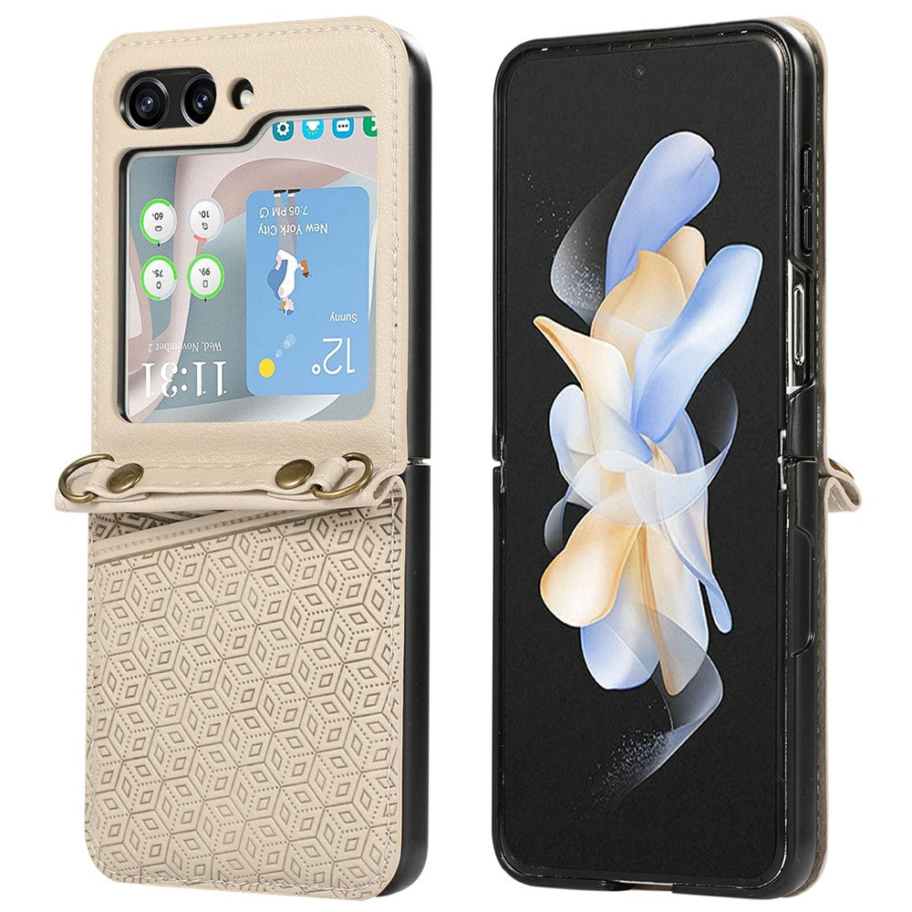 For Samsung Galaxy Z Flip7 5G Case Imprinted Rhombus Leather Phone Cover with Card Slots - Beige