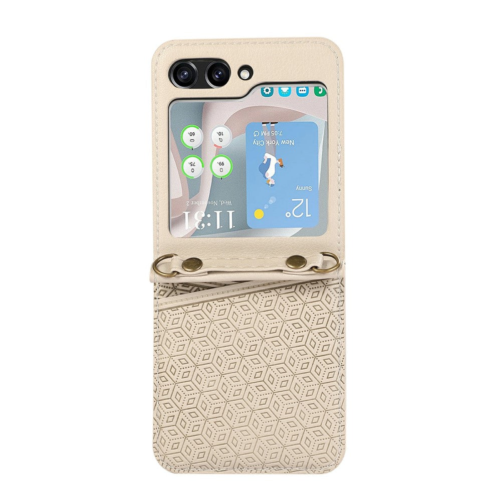 For Samsung Galaxy Z Flip7 5G Case Imprinted Rhombus Leather Phone Cover with Card Slots - Beige