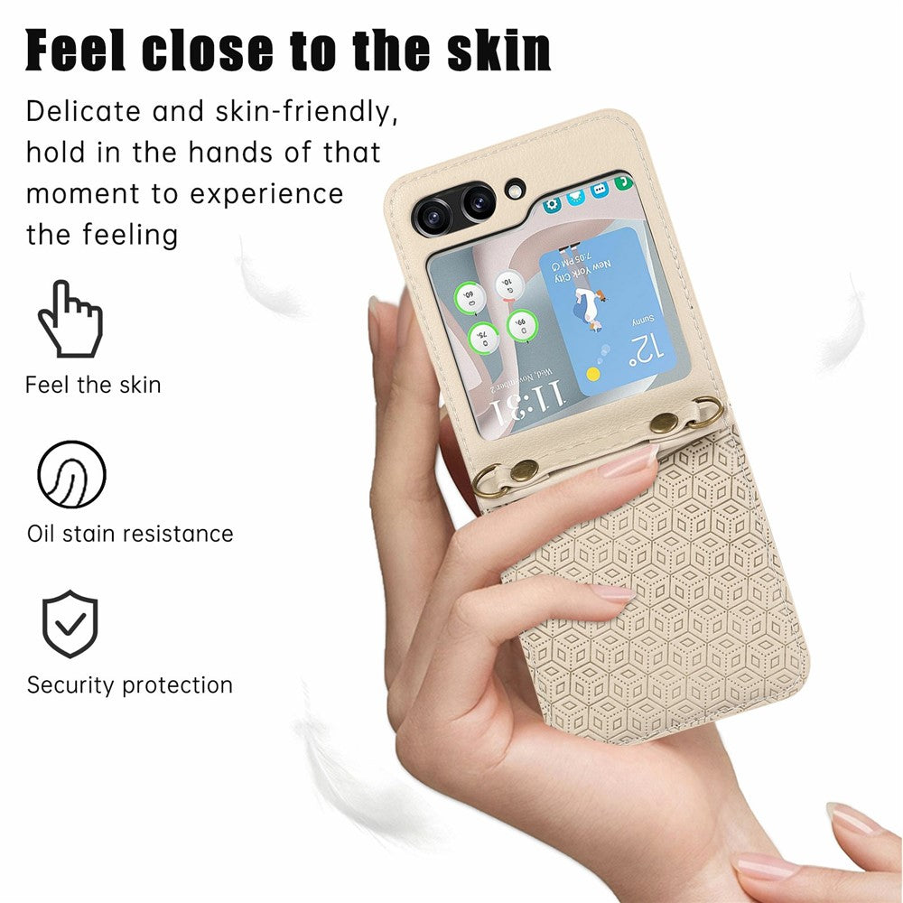 For Samsung Galaxy Z Flip7 5G Case Imprinted Rhombus Leather Phone Cover with Card Slots - Beige