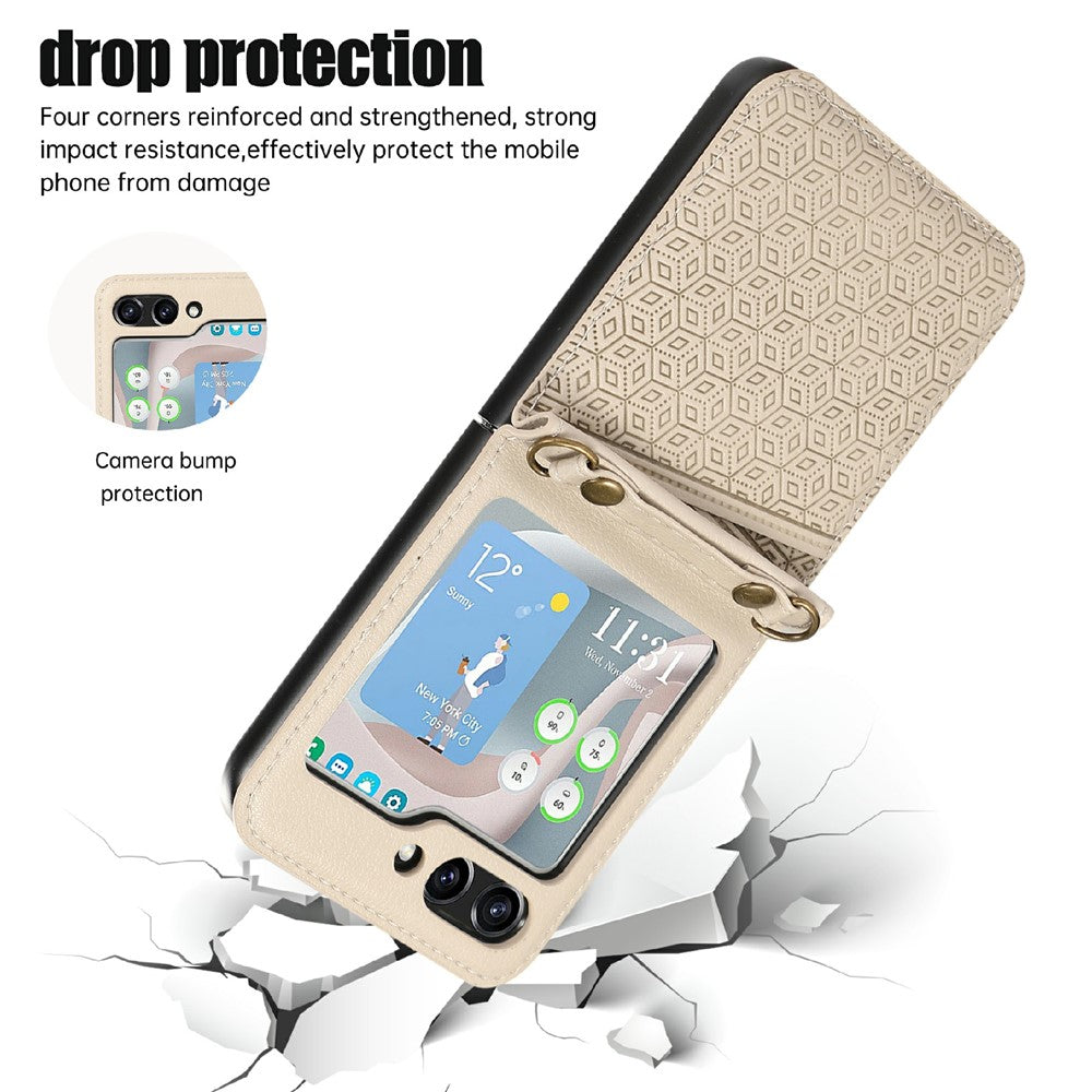 For Samsung Galaxy Z Flip7 5G Case Imprinted Rhombus Leather Phone Cover with Card Slots - Beige