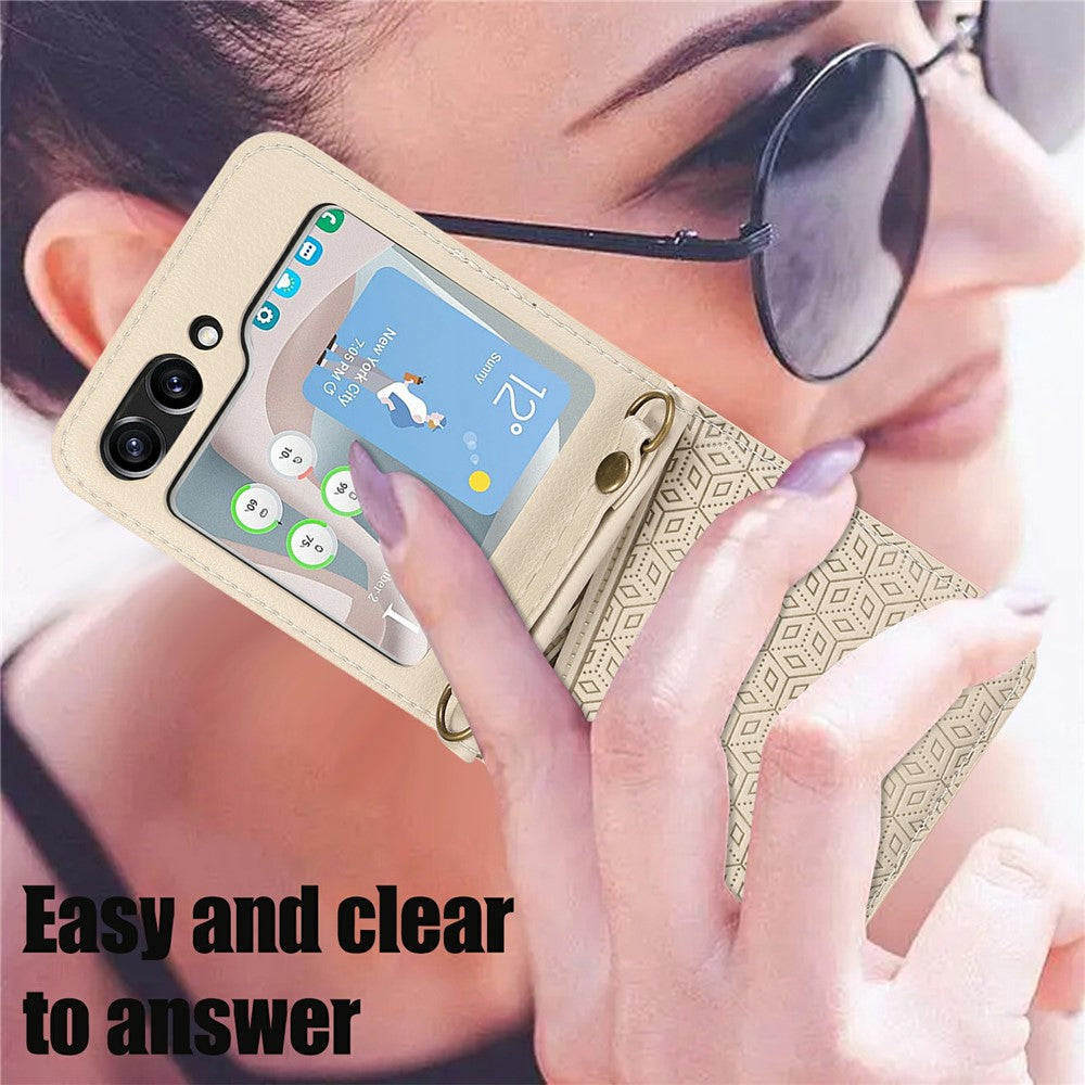 For Samsung Galaxy Z Flip7 5G Case Imprinted Rhombus Leather Phone Cover with Card Slots - Beige