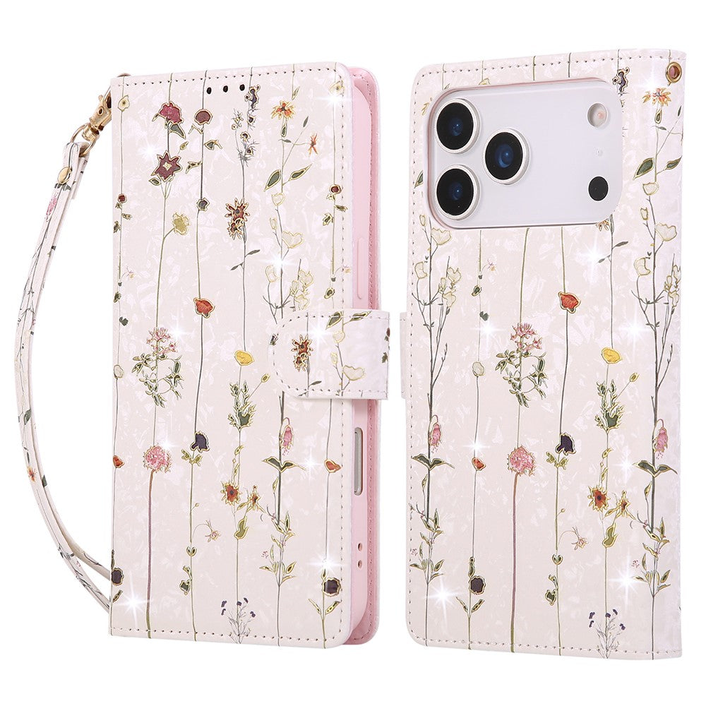 For iPhone 17 Pro Max Case RFID Blocking Flower Leather Phone Cover with Wrist Strap - Small Flower