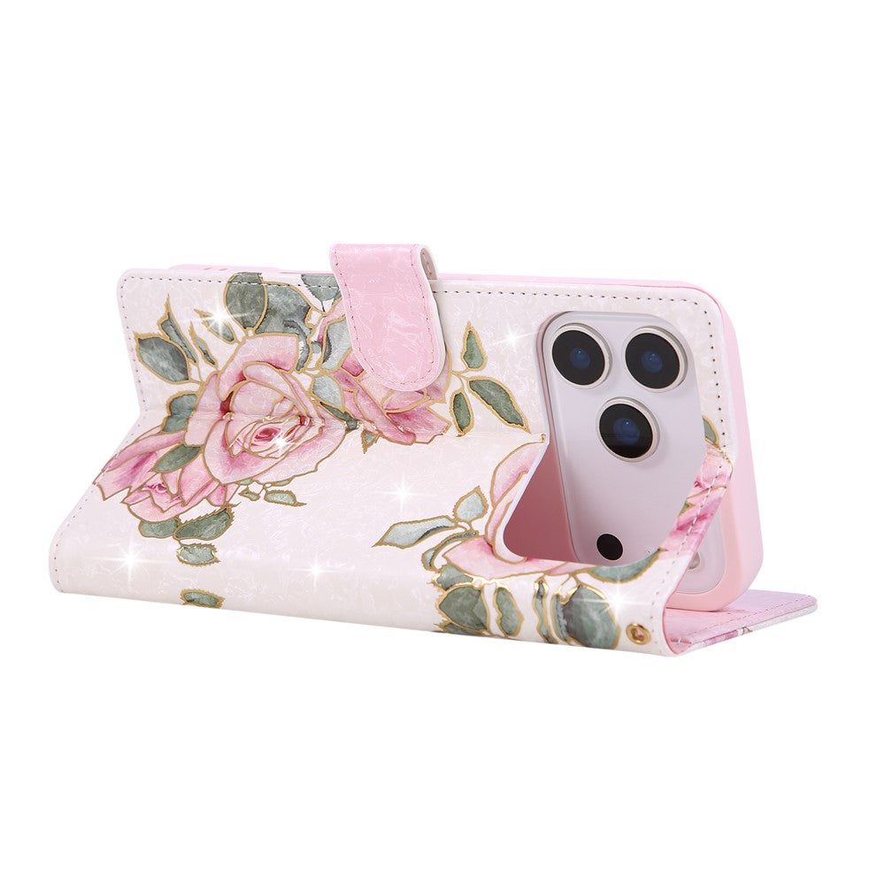 For iPhone 17 Pro Max Case RFID Blocking Flower Leather Phone Cover with Wrist Strap - Flower