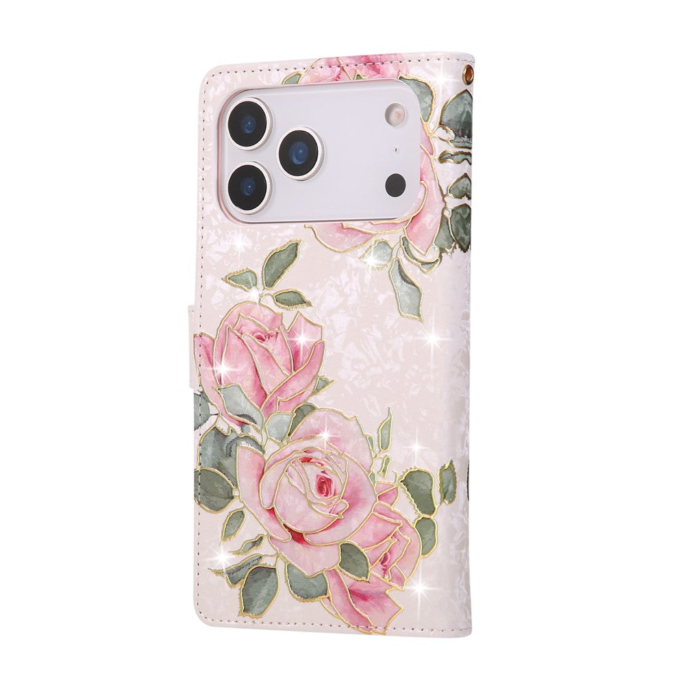 For iPhone 17 Pro Max Case RFID Blocking Flower Leather Phone Cover with Wrist Strap - Flower