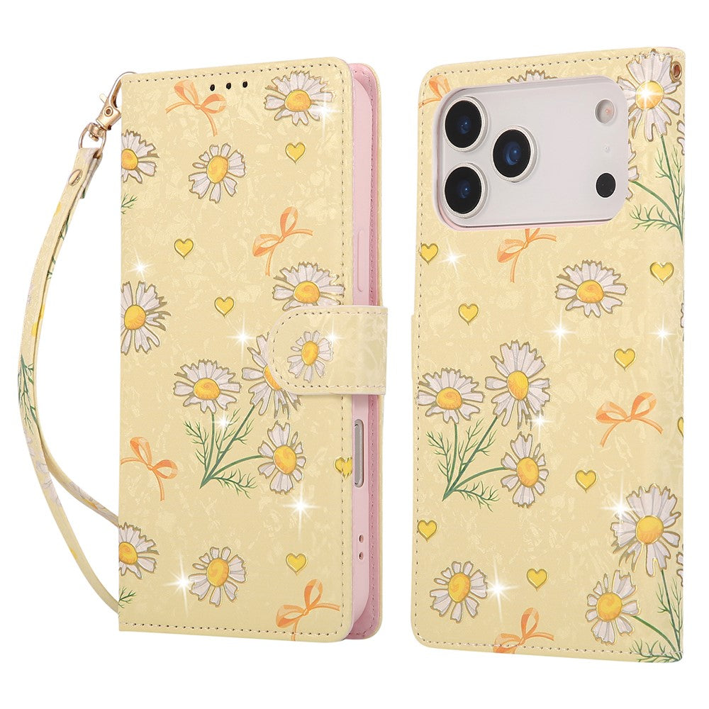 For iPhone 17 Pro Max Case RFID Blocking Flower Leather Phone Cover with Wrist Strap - Yellow Daisy