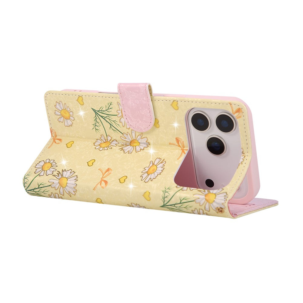 For iPhone 17 Pro Max Case RFID Blocking Flower Leather Phone Cover with Wrist Strap - Yellow Daisy