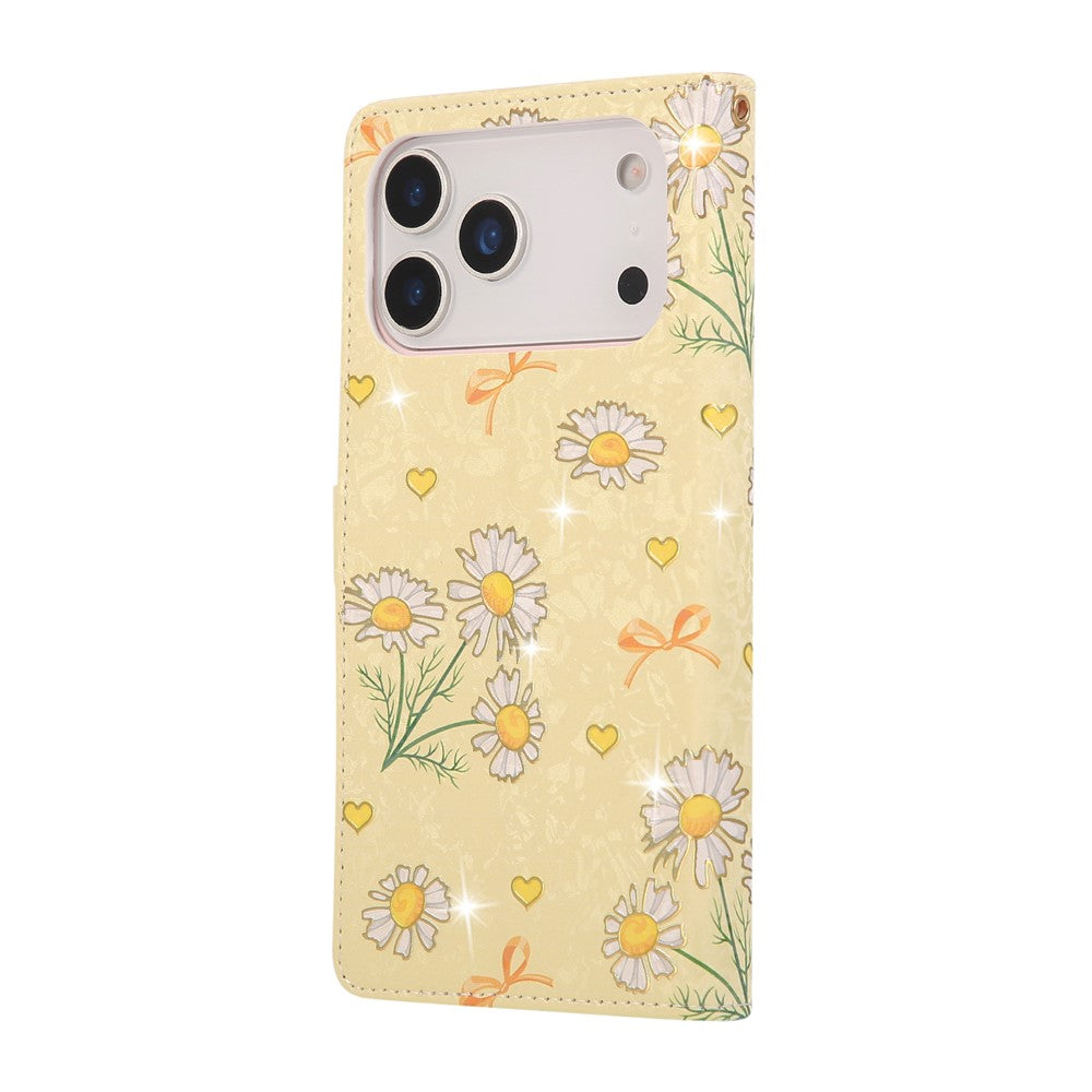 For iPhone 17 Pro Max Case RFID Blocking Flower Leather Phone Cover with Wrist Strap - Yellow Daisy