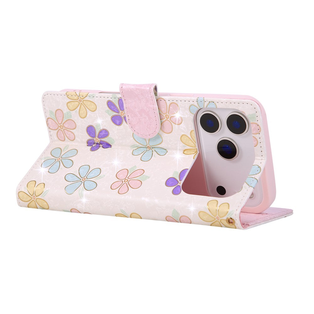 For iPhone 17 Pro Max Case RFID Blocking Flower Leather Phone Cover with Wrist Strap - Colorful Flower