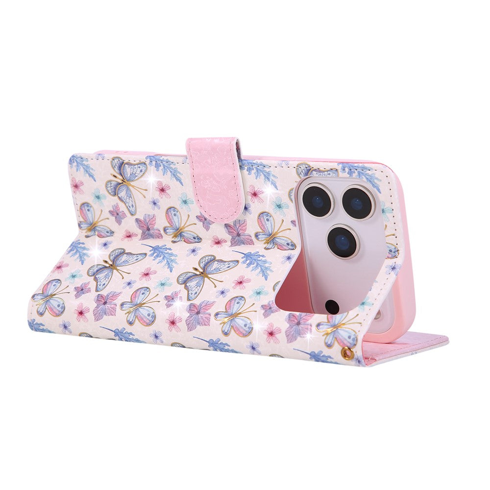 For iPhone 17 Pro Max Case RFID Blocking Flower Leather Phone Cover with Wrist Strap - Butterfly Flower