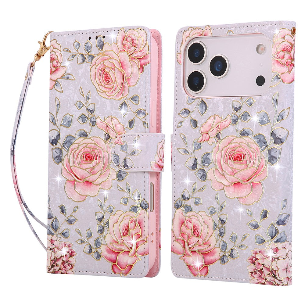For iPhone 17 Pro Max Case RFID Blocking Flower Leather Phone Cover with Wrist Strap - Rose Flower