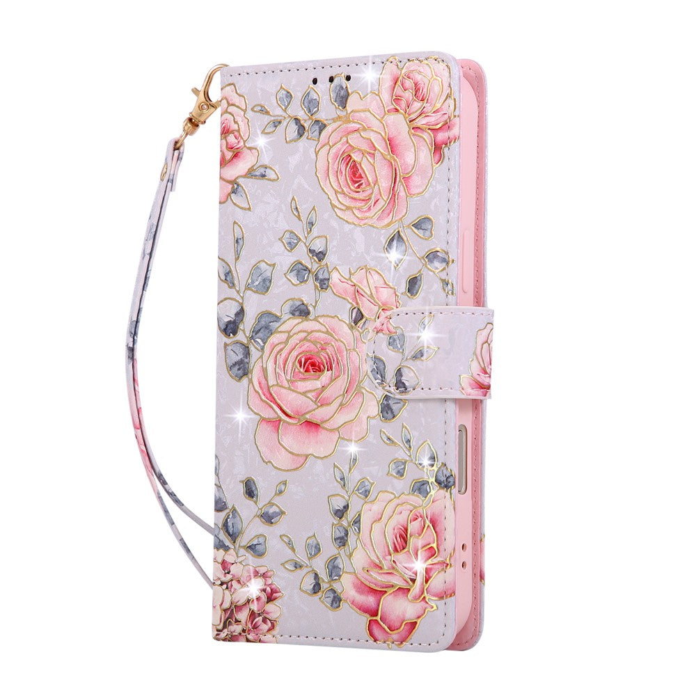 For iPhone 17 Pro Max Case RFID Blocking Flower Leather Phone Cover with Wrist Strap - Rose Flower