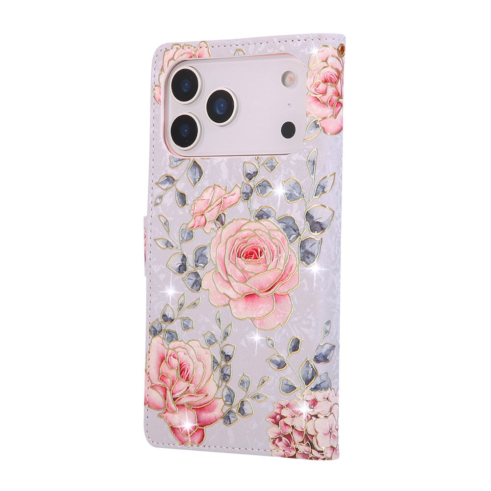 For iPhone 17 Pro Max Case RFID Blocking Flower Leather Phone Cover with Wrist Strap - Rose Flower