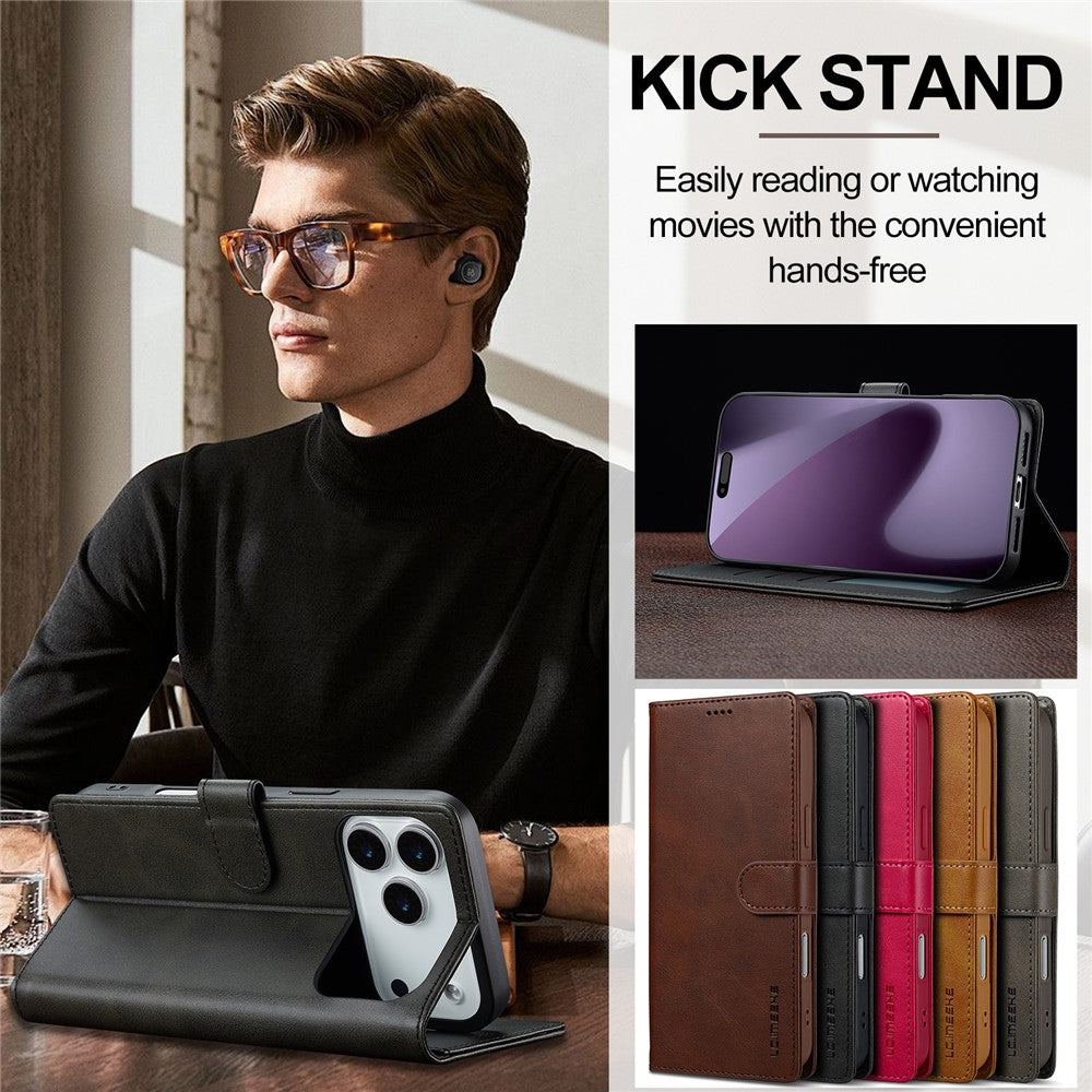 LC.IMEEKE For iPhone 17 Pro Max Case Calf Texture PU Leather Stand Wallet Phone Cover - Black