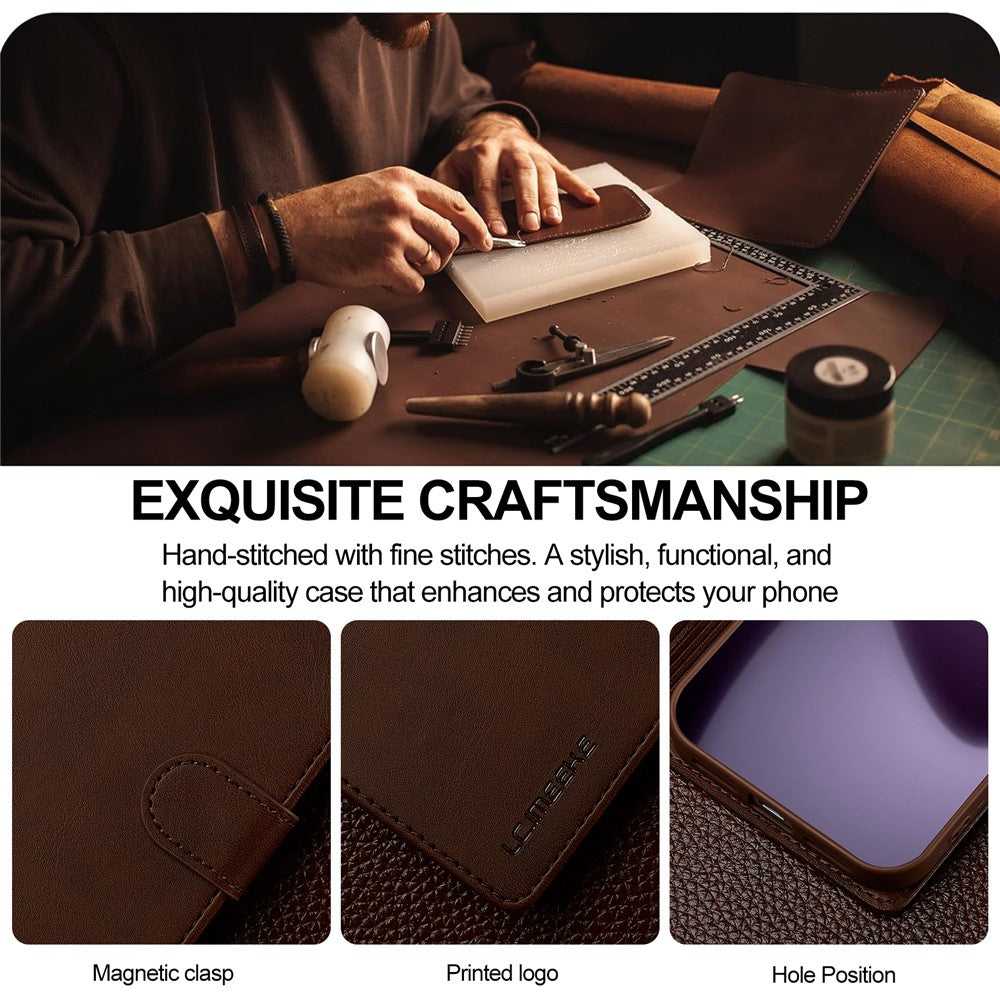 LC.IMEEKE For iPhone 17 Pro Max Case Calf Texture PU Leather Stand Wallet Phone Cover - Brown
