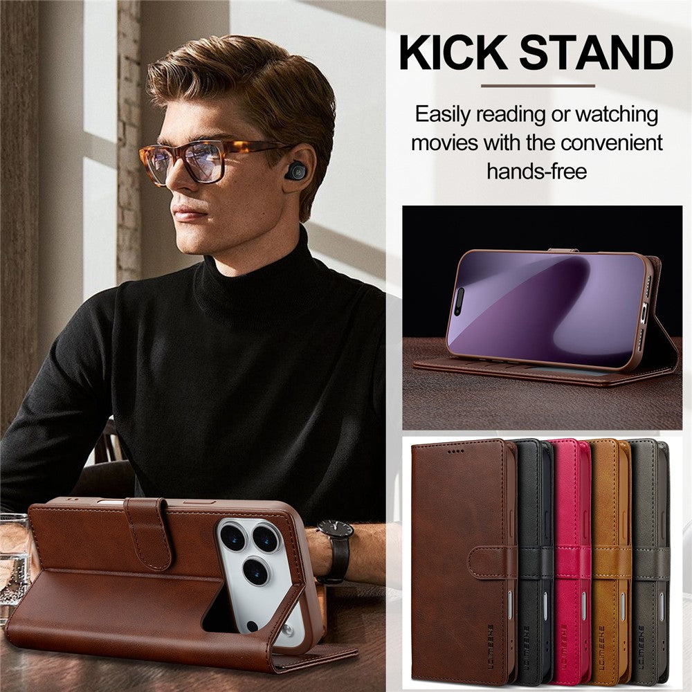 LC.IMEEKE For iPhone 17 Pro Max Case Calf Texture PU Leather Stand Wallet Phone Cover - Brown