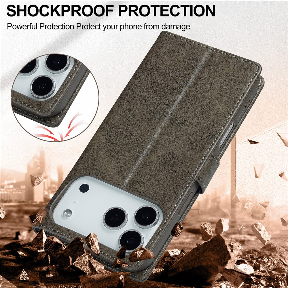 LC.IMEEKE For iPhone 17 Pro Max Case Calf Texture PU Leather Stand Wallet Phone Cover - Grey