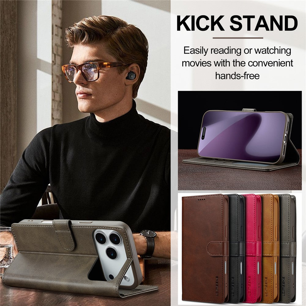 LC.IMEEKE For iPhone 17 Pro Max Case Calf Texture PU Leather Stand Wallet Phone Cover - Grey