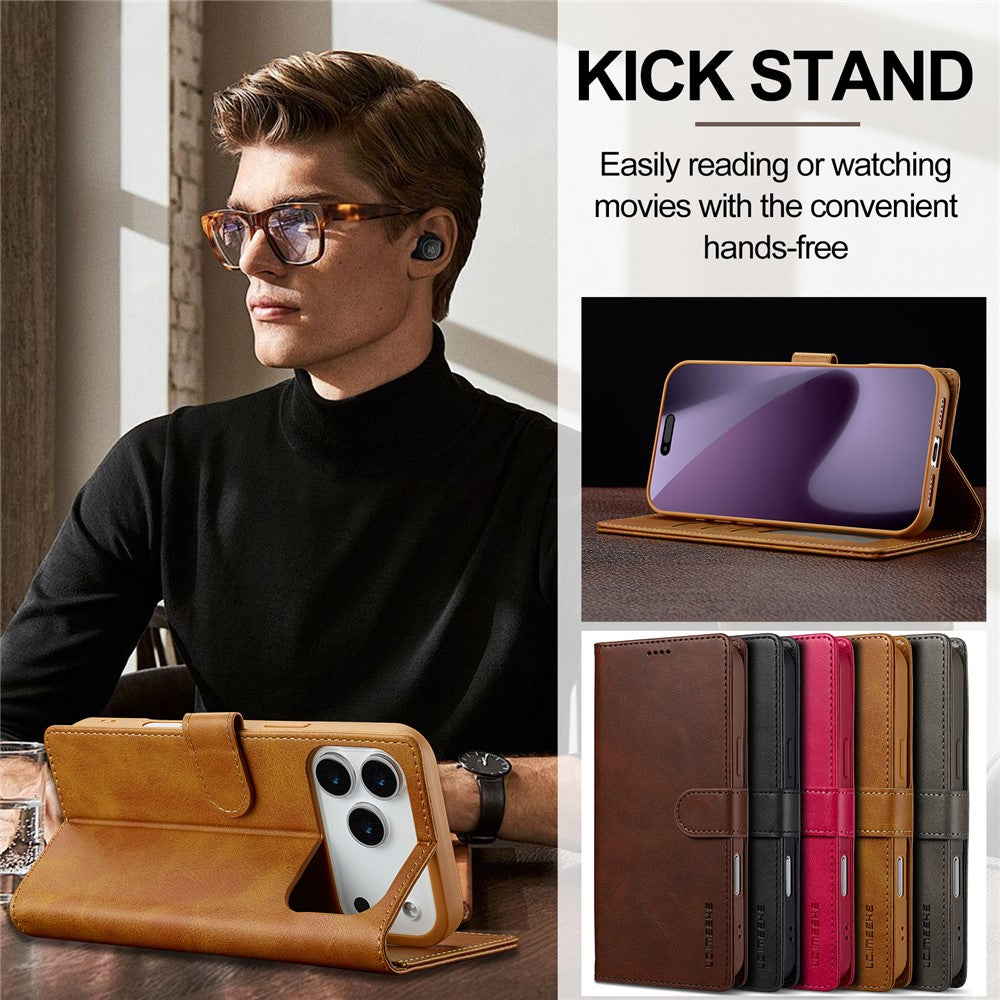 LC.IMEEKE For iPhone 17 Pro Max Case Calf Texture PU Leather Stand Wallet Phone Cover - Yellow