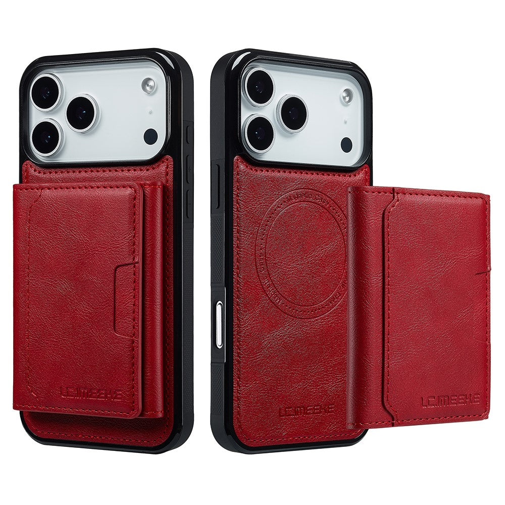 LC.IMEEKE L5 For iPhone 17 Pro Max Magnetic Phone Case Leather Back Cover with Detachable Card Holder - Red