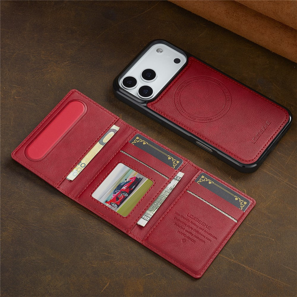 LC.IMEEKE L5 For iPhone 17 Pro Max Magnetic Phone Case Leather Back Cover with Detachable Card Holder - Red