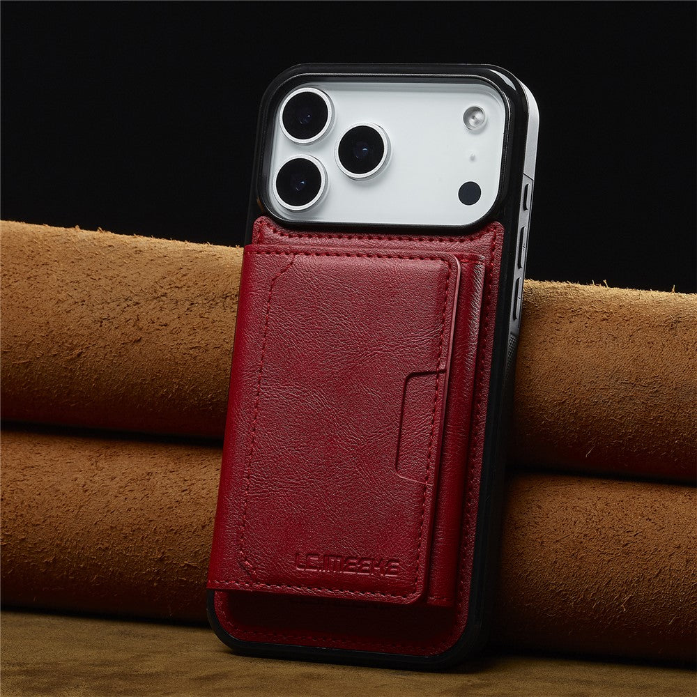 LC.IMEEKE L5 For iPhone 17 Pro Max Magnetic Phone Case Leather Back Cover with Detachable Card Holder - Red