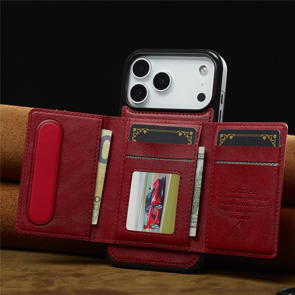 LC.IMEEKE L5 For iPhone 17 Pro Max Magnetic Phone Case Leather Back Cover with Detachable Card Holder - Red