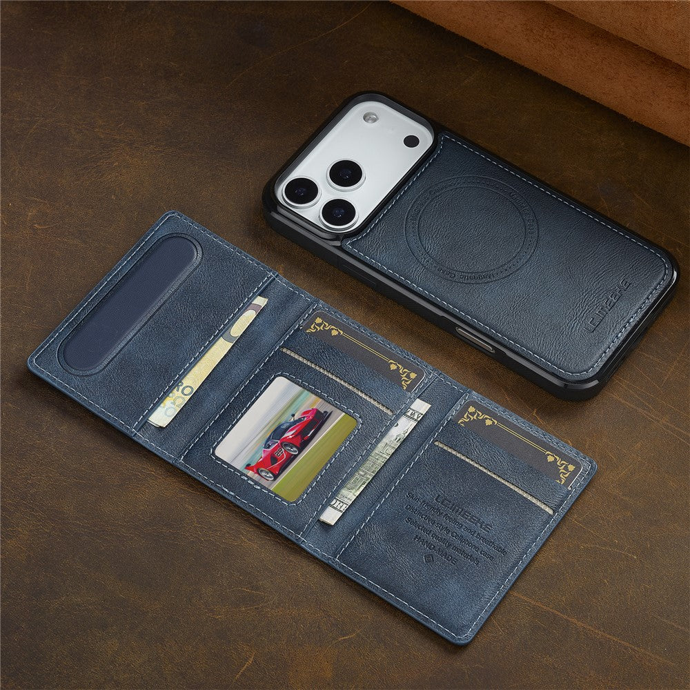 LC.IMEEKE L5 For iPhone 17 Pro Max Magnetic Phone Case Leather Back Cover with Detachable Card Holder - Blue