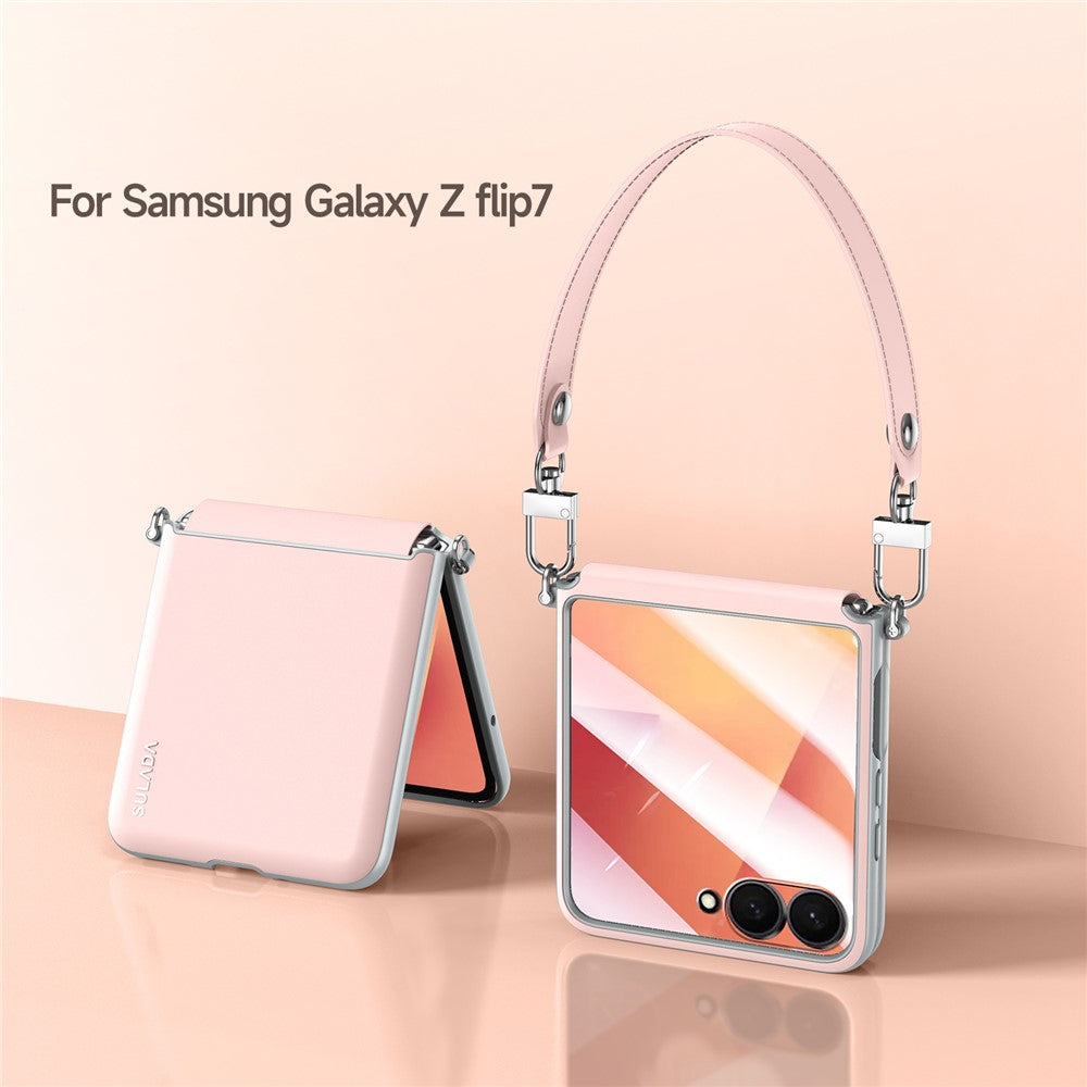 SULADA For Samsung Galaxy Z Flip7 5G Case with Strap Leather Back Phone Cover Hinge Protection - Pink