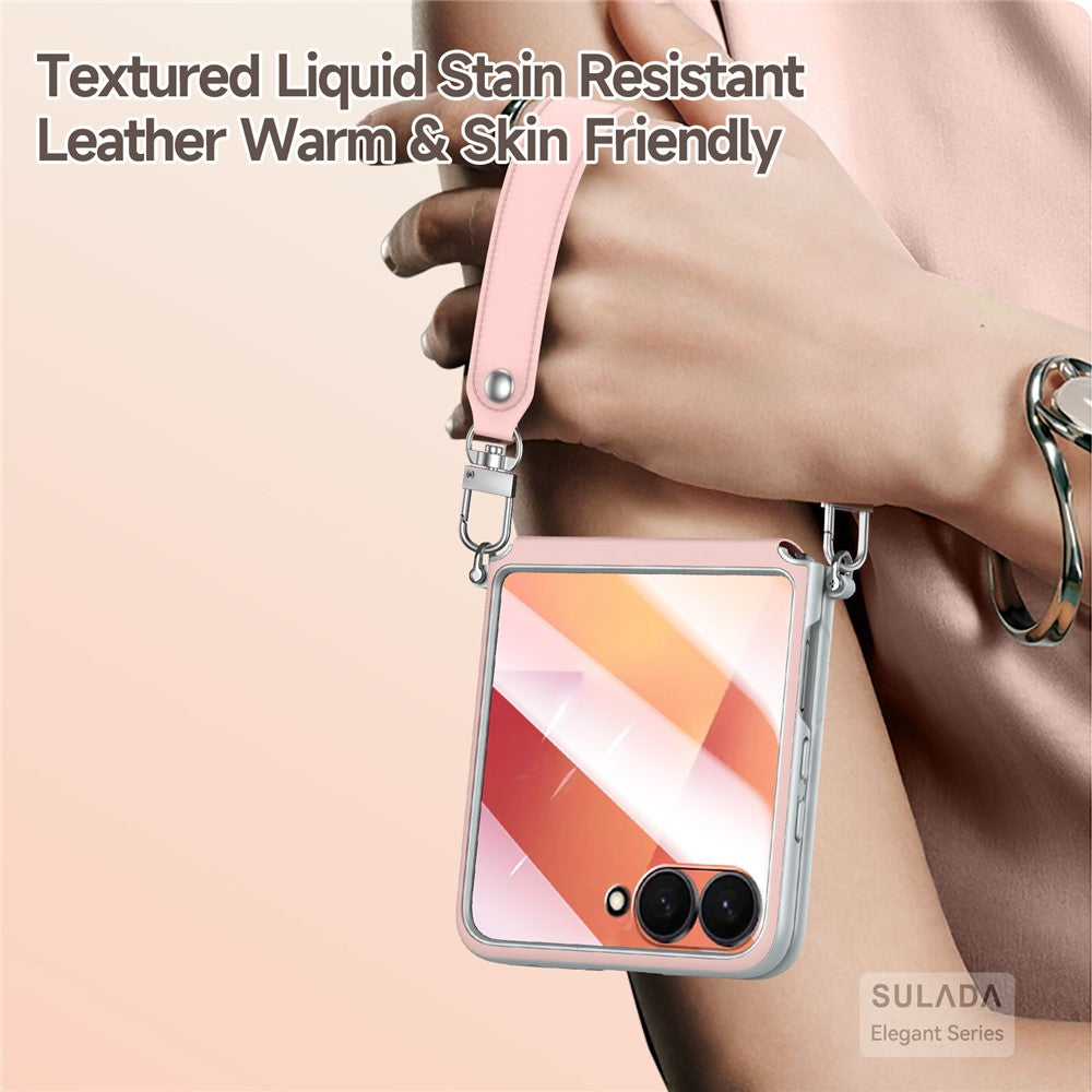SULADA For Samsung Galaxy Z Flip7 5G Case with Strap Leather Back Phone Cover Hinge Protection - Pink
