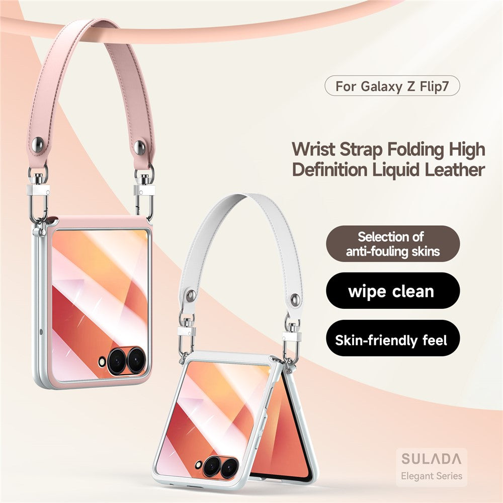 SULADA For Samsung Galaxy Z Flip7 5G Case with Strap Leather Back Phone Cover Hinge Protection - White