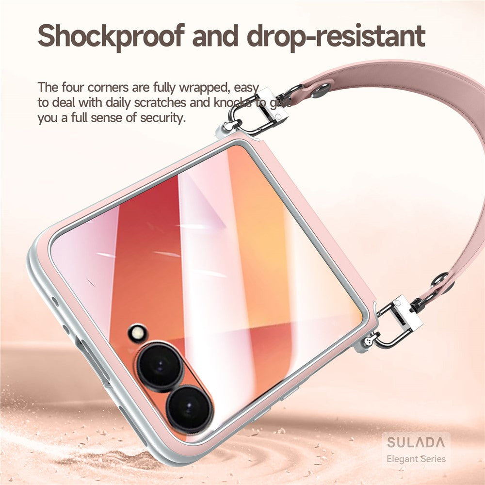 SULADA For Samsung Galaxy Z Flip7 5G Case with Strap Leather Back Phone Cover Hinge Protection - White