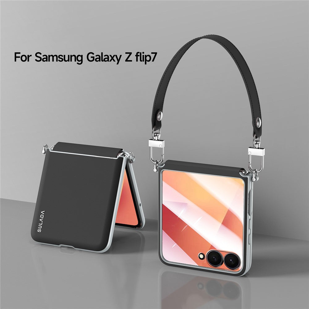 SULADA For Samsung Galaxy Z Flip7 5G Case with Strap Leather Back Phone Cover Hinge Protection - Black