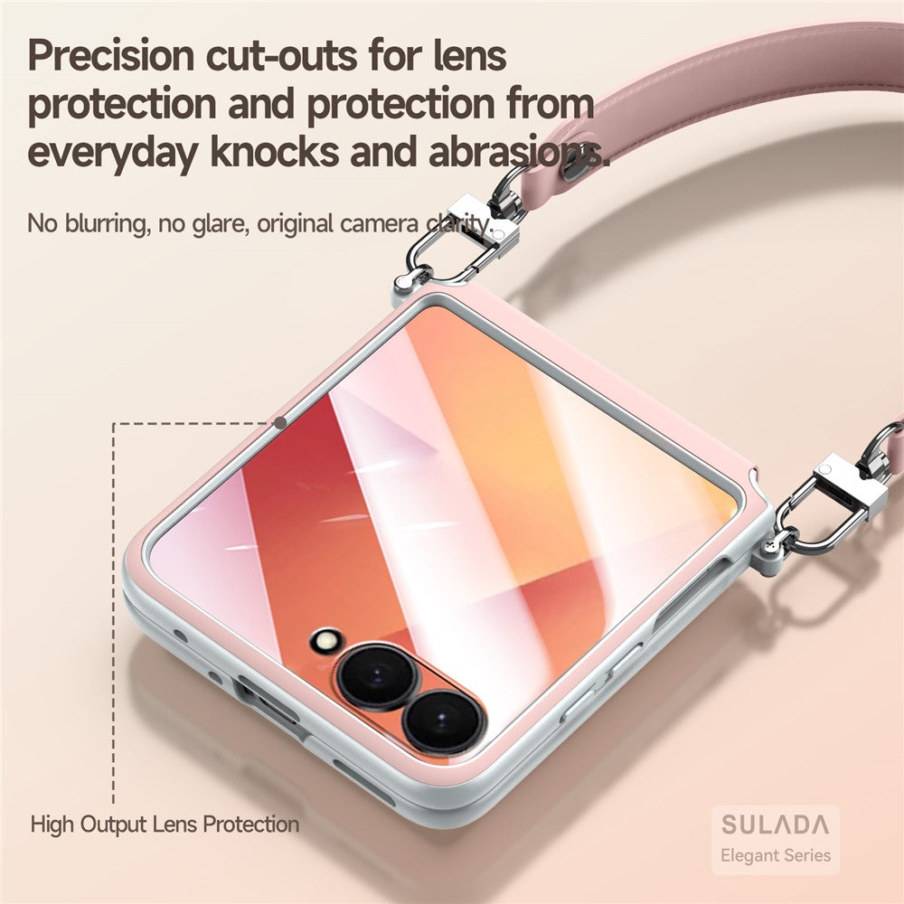 SULADA For Samsung Galaxy Z Flip7 5G Case with Strap Leather Back Phone Cover Hinge Protection - Black