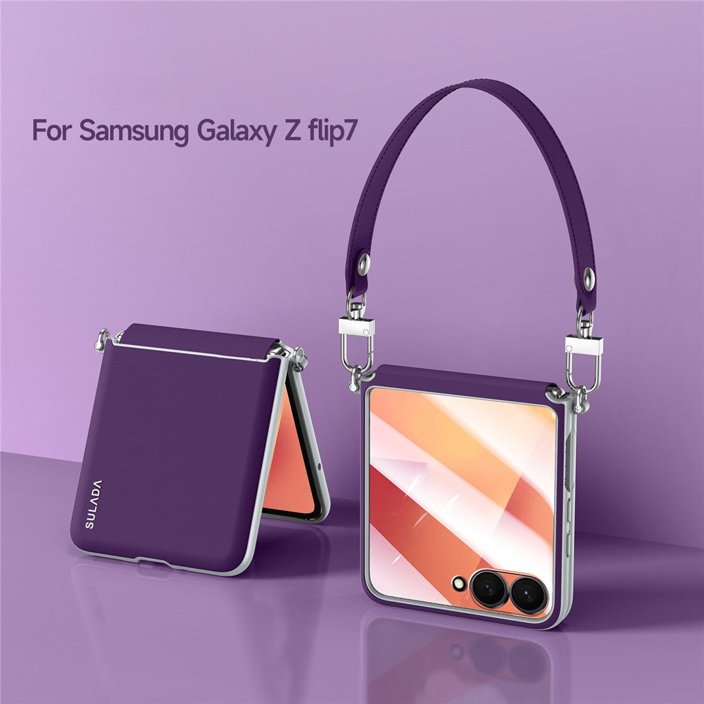 SULADA For Samsung Galaxy Z Flip7 5G Case with Strap Leather Back Phone Cover Hinge Protection - Purple