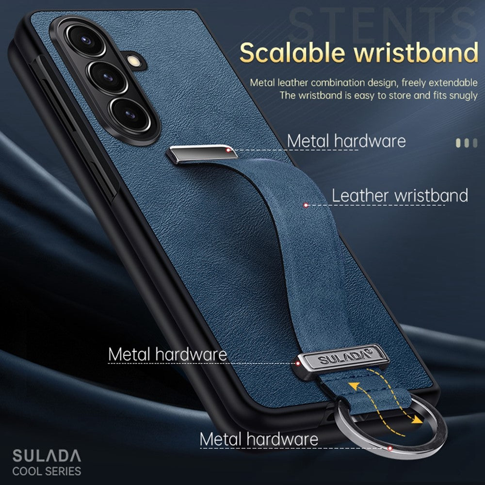 SULADA Fashion Series for Samsung Galaxy Z Fold7 5G PU Leather + PC Phone Case Adjustable Wristband Kickstand Cover - Brown