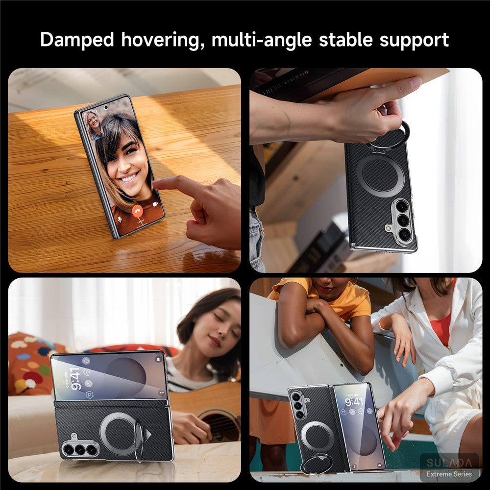 SULADA For Samsung Galaxy Z Fold7 5G Case Compatible with MagSafe Kickstand PU + PC Phone Cover Carbon Fiber Texture - Brown