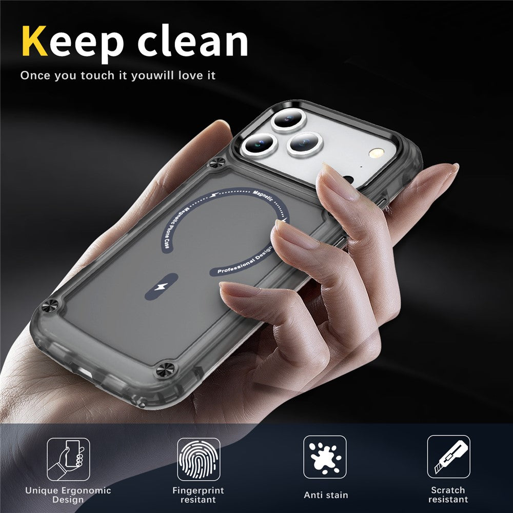 For iPhone 17 Pro Max Case Skin Touch TPU + PC Phone Cover with C-type Magnetic Ring - Transparent Black