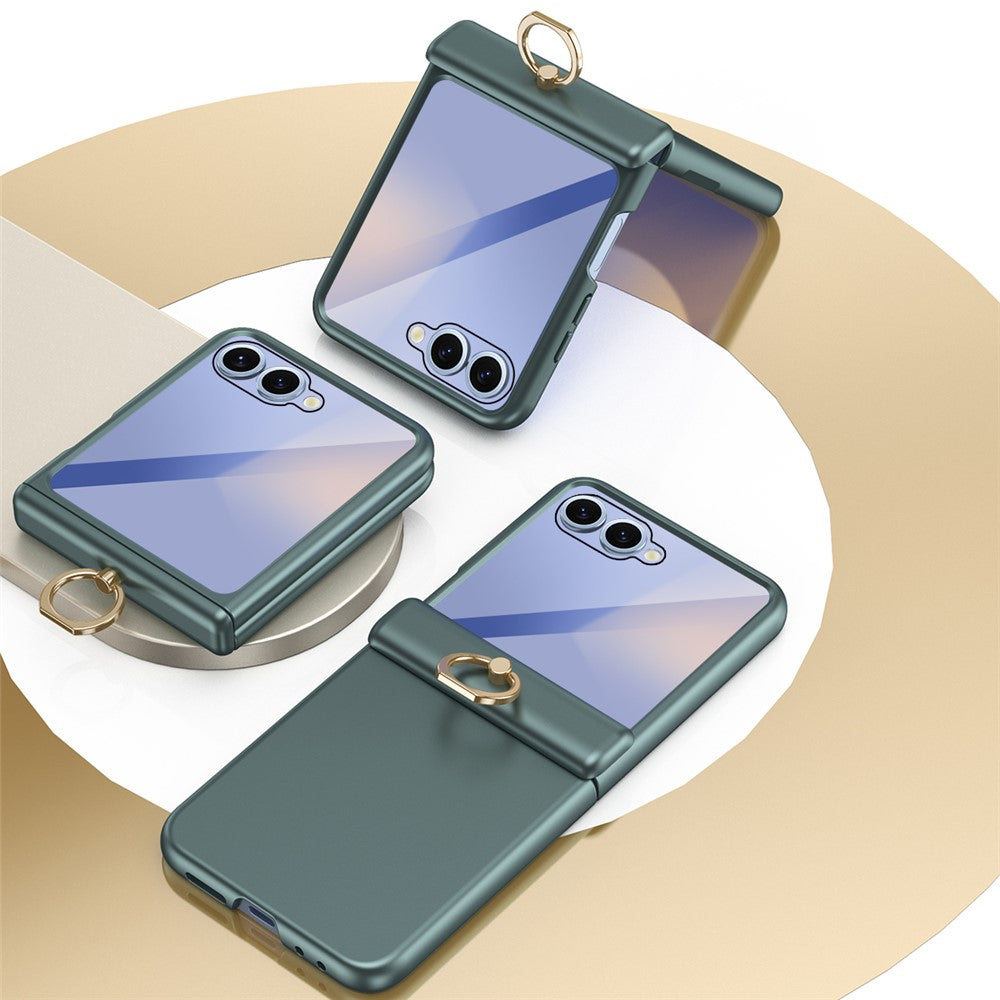 For Samsung Galaxy Z Flip7 5G Case with Tempered Glass Film Ring Holder Kickstand PC Phone Cover - Green