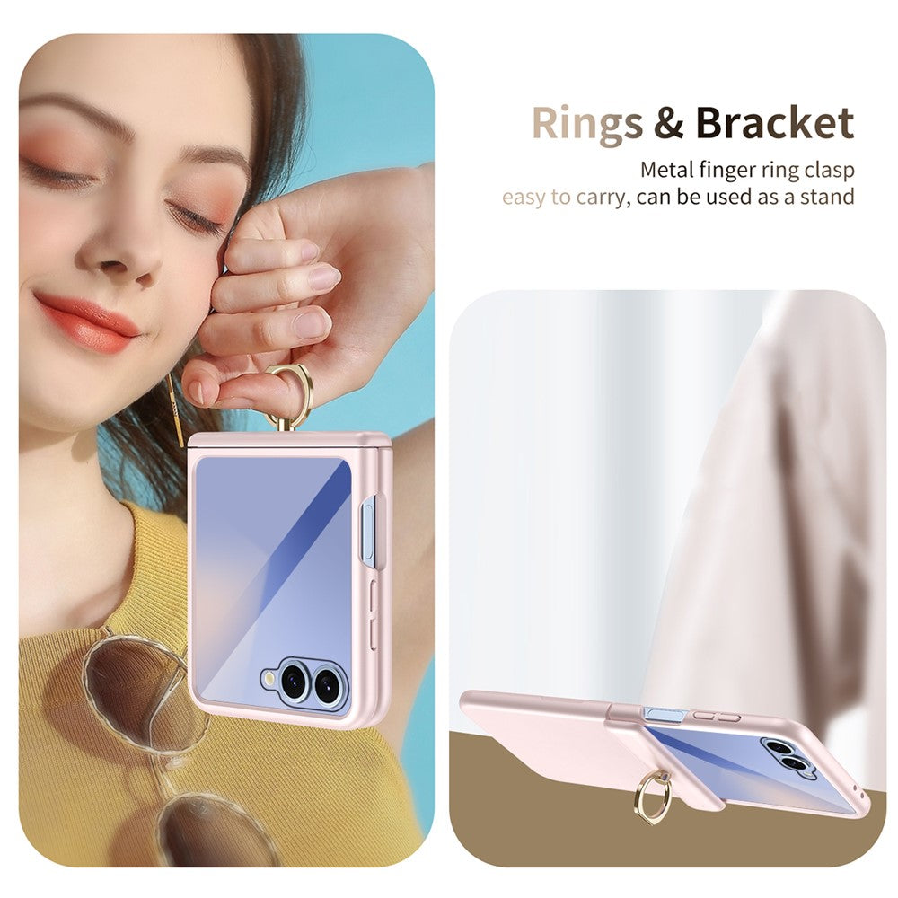 For Samsung Galaxy Z Flip7 5G Case with Tempered Glass Film Ring Holder Kickstand PC Phone Cover - Pink