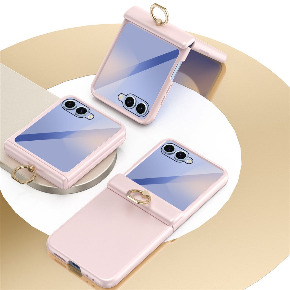 For Samsung Galaxy Z Flip7 5G Case with Tempered Glass Film Ring Holder Kickstand PC Phone Cover - Pink