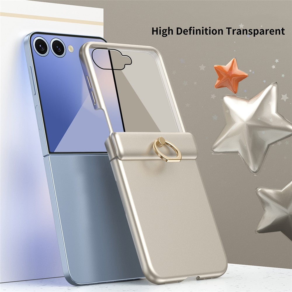 For Samsung Galaxy Z Flip7 5G Case with Tempered Glass Film Ring Holder Kickstand PC Phone Cover - Gold