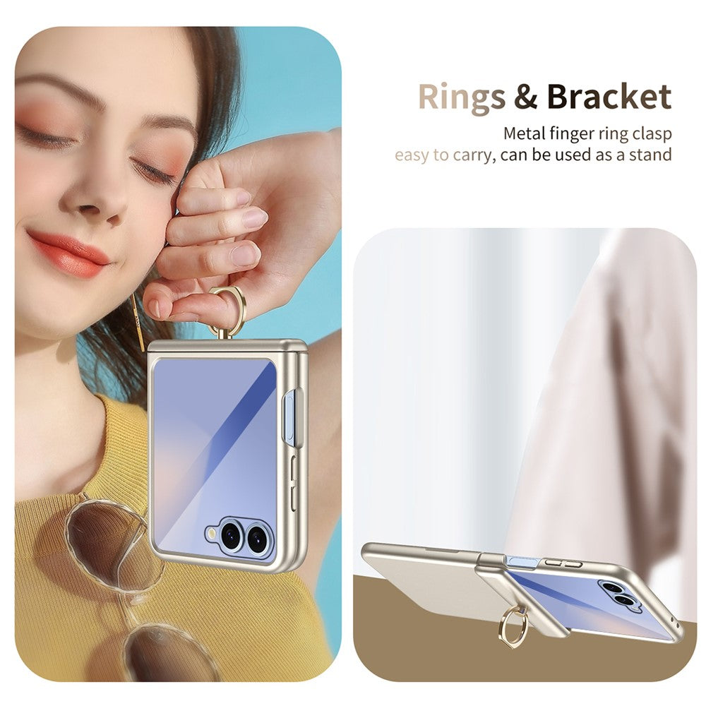 For Samsung Galaxy Z Flip7 5G Case with Tempered Glass Film Ring Holder Kickstand PC Phone Cover - Gold