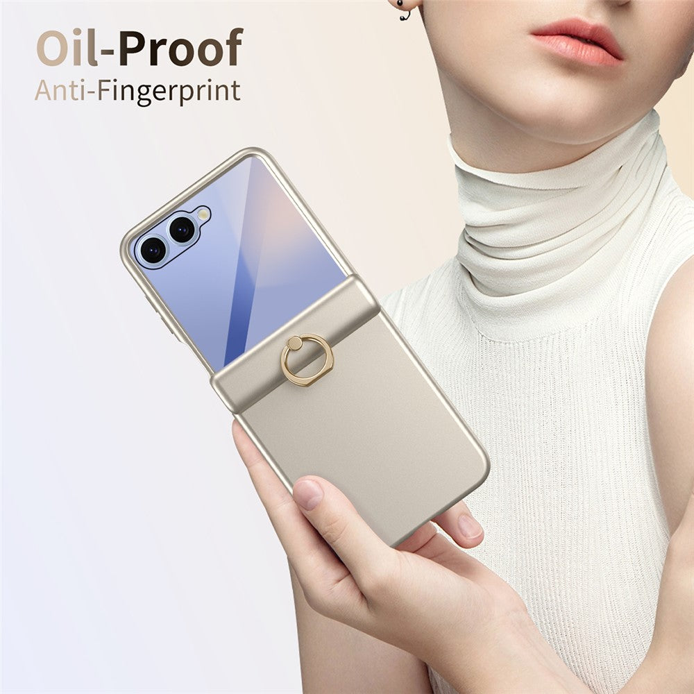 For Samsung Galaxy Z Flip7 5G Case with Tempered Glass Film Ring Holder Kickstand PC Phone Cover - Gold