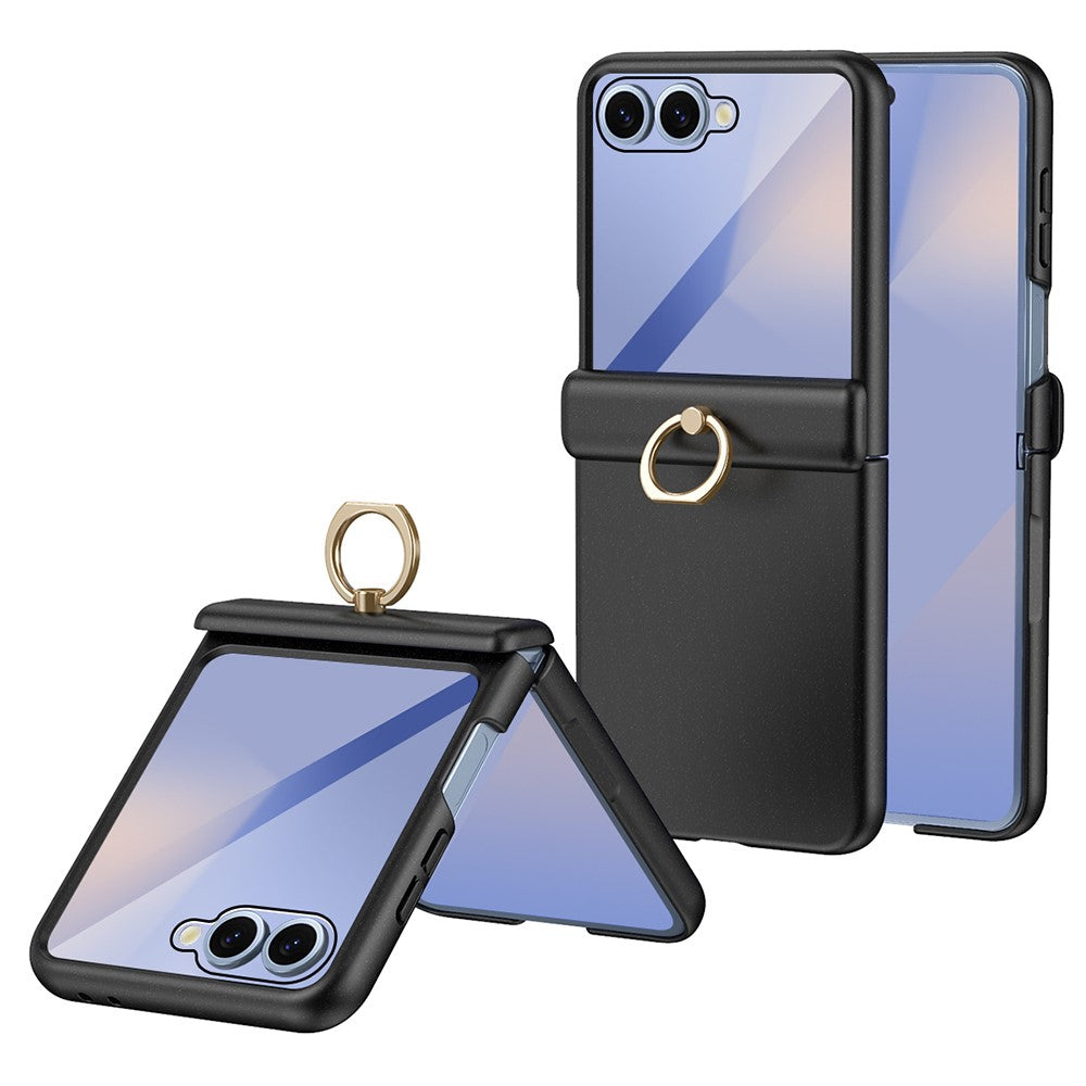 For Samsung Galaxy Z Flip7 5G Case with Tempered Glass Film Ring Holder Kickstand PC Phone Cover - Black