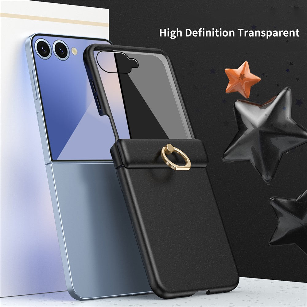 For Samsung Galaxy Z Flip7 5G Case with Tempered Glass Film Ring Holder Kickstand PC Phone Cover - Black