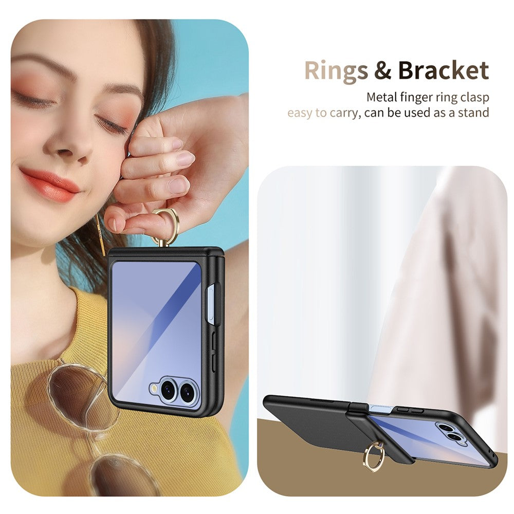 For Samsung Galaxy Z Flip7 5G Case with Tempered Glass Film Ring Holder Kickstand PC Phone Cover - Black