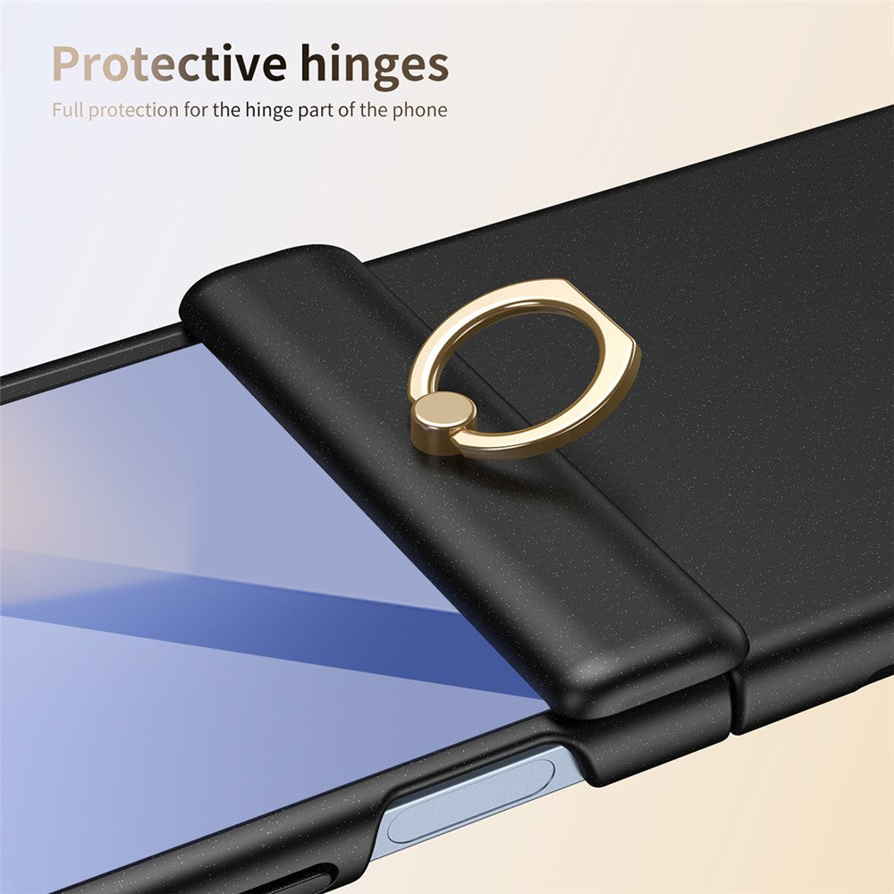 For Samsung Galaxy Z Flip7 5G Case with Tempered Glass Film Ring Holder Kickstand PC Phone Cover - Black